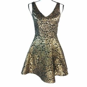 RHYME LOS ANGELES V NECK FLORAL BLACK & GOLD DRESS